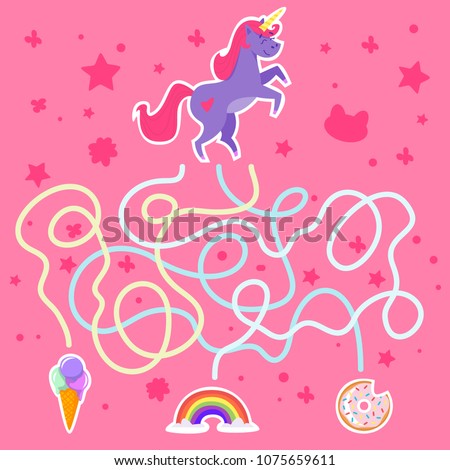 Vector cartoon style illustration of funny maze or labyrinth for children. Help adorable unicorn find ice cream, rainbow or doughnut.