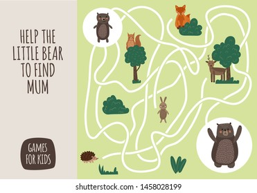Vector cartoon style illustration of games for kids. Maze visual educational game for children. Forest animals set.