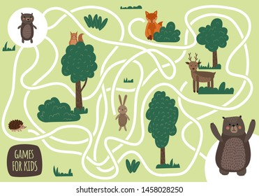 Vector cartoon style illustration of games for kids. Maze visual educational game for children. Forest animals set.