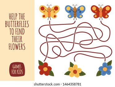 Vector cartoon style illustration of games for kids. Maze visual educational game for children. Insect animals set.
