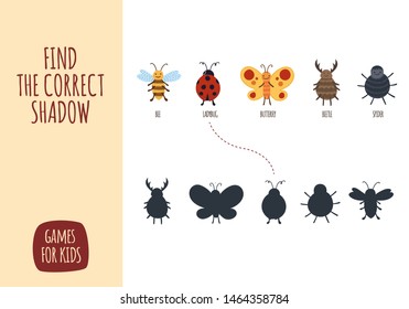 Vector cartoon style illustration of games for kids. Shadow game for children. Insect animals set.