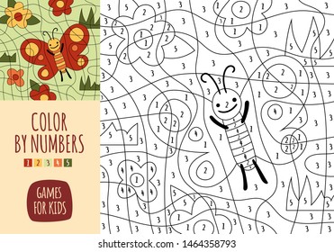 Vector cartoon style illustration of games for kids. Visual educational game for children. Color by number. Insect animals set.