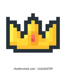 Vector cartoon style illustration of golden crown pixel art icon. Isolated on white background.