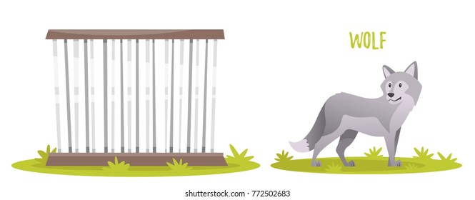 Vector cartoon style illustration of grey wolf. Zoo cage. isolated on white background.