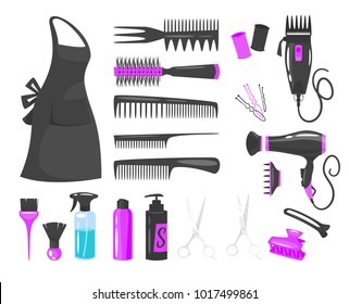 Vector cartoon style illustration of hairdressers tools; combs, hairdryer and cosmetics, isolated on white background. Salon essentials.