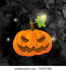Vector cartoon style illustration of Halloween scary pumpkin with angry spooky face on dark texture background with flying lights