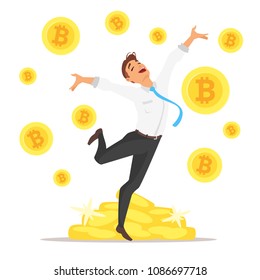 Vector cartoon style illustration of handsome Caucasian businessman jumping with happiness. Pale of bitcoin coins on the background. 