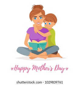 Vector cartoon style illustration of happy mother with son reading book. Mother's day greeting card template on white background.