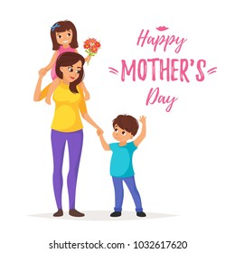 Vector cartoon style illustration of happy mother standing with son and daughter. Mother's day greeting card template on white background.