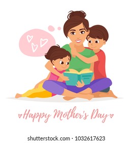 Vector cartoon style illustration of happy mother with son and daughter reading a book. Mother's day greeting card template on white background.