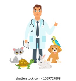 Vector cartoon style illustration of happy veterinarian doctor character surrounded with home pets. Isolated on white background.