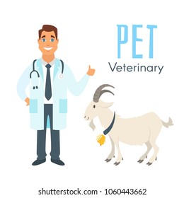 Vector cartoon style illustration of happy veterinarian doctor character with farm animal - goat. Isolated on white background.