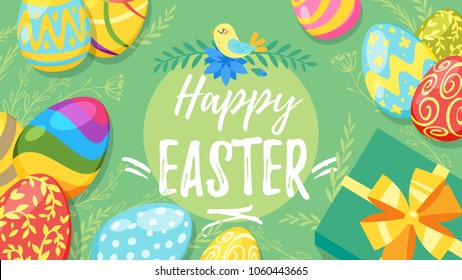 Vector cartoon style illustration of Happy Easter banner with colorful painted eggs around and holiday present. Green background with branches. 