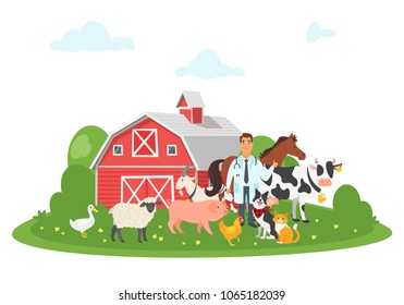 Vector cartoon style illustration of happy veterinarian doctor character surrounded by farm animals: cow, dog, pig et?. Farm building - red barn on rural landscape. Isolated on white background.
