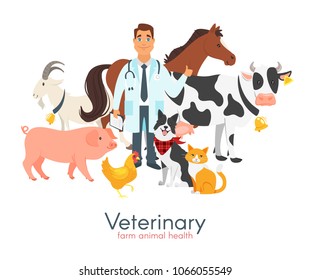 Vector cartoon style illustration of happy veterinarian doctor character surrounded by farm animals: cow, dog, pig et?. Isolated on white background.