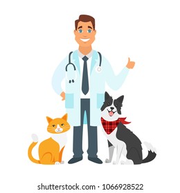 Vector cartoon style illustration of happy veterinarian doctor character with animal - cat and dog. Isolated on white background.