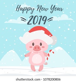 Vector cartoon style illustration of Happy 2019 New year and Christmas greeting card with cute pink pig in Santa Claus hat holding candy cane. Isolated on snowy background with mountains.

