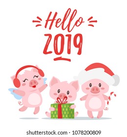 Vector cartoon style illustration of Happy 2019 New year and Christmas greeting card with cute three pink pigs holding present, jumping and standing. Isolated on white background.
