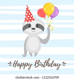 Vector cartoon style illustration of Happy Birthday greeting card template with sloth in festive cone hat and air balloons. White background with blue stripes.