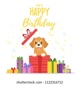 Vector cartoon style illustration of Happy Birthday greeting card template with cute puppy jump out of a present. White background with confetti.