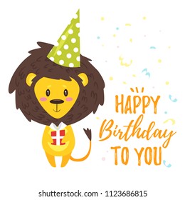 Vector cartoon style illustration of Happy Birthday greeting card template with lion in festive cone hat holding little present. White background with confetti.
