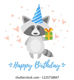 Vector Cartoon Style Illustration Of Happy Birthday Greeting Card Template With Racoon In Festive Cone Hat Holding Little Present. White Background.