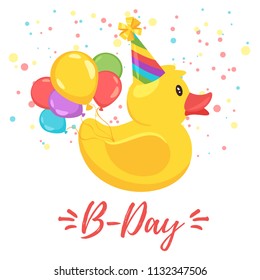 Vector cartoon style illustration of Happy Birthday greeting card template with yellow rubber duck in cone festive hat holding colorful air ballons. White background.