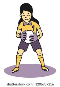 Vector cartoon style illustration of a happy girl playing soccer and holding a ball with goalkeeper gloves
