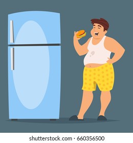 Vector cartoon style illustration of happy fat man character eating hamburger near fridge.