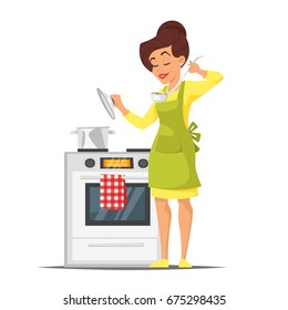 Vector cartoon style illustration of happy housewife trying the dish near the stove. Isolated on white background.