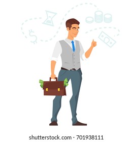 Ilustração estilo cartoon vetor de homem de negócios feliz com um caso de dinheiro. Isolado no fundo branco.