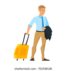 Vector cartoon style illustration of happy businessman having a business trip. Isolated on white background.