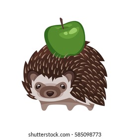 Vector cartoon style illustration of hedgehog with green apple. Icon for web. Isolated on white background.