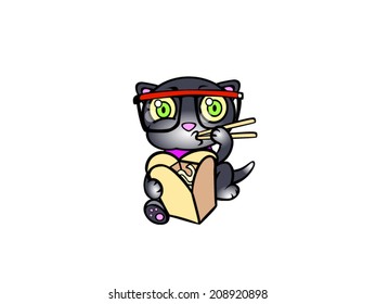 Vector cartoon style illustration. Hipster cat eating with chopsticks . Cute home pet animal. Grey hungry kitten isolated on white background. Thai food box. Use as T-shirt print, article illustration