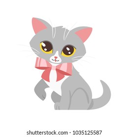 Vector cartoon style illustration of home animal pet - cute cat with pink bow. Isolated on white background.