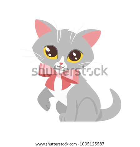 Vector cartoon style illustration of home animal pet - cute cat with pink bow. Isolated on white background.