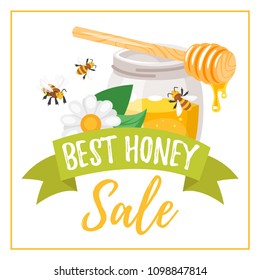 Vector cartoon style illustration of Honey Sale banner with glass honey jar, flowers and honey dipper. 