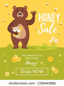 Vector cartoon style illustration of Honey Sale banner with cute bear character eating sweet honey showing a okay hand sign. Ok gesture. Nature background with bees and green meadow. Shop now button. 