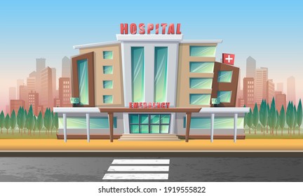 Vector cartoon style illustration of hospital emergency building with city scenery behind and road in front.