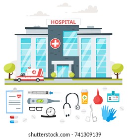 Vector cartoon style illustration of hospital building with ambulance car. Medical theme icons set. Isolated on white background.