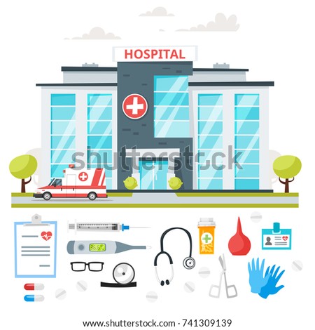 Vector cartoon style illustration of hospital building with ambulance car. Medical theme icons set. Isolated on white background.