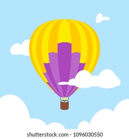 Vector cartoon style illustration of hot air balloon in the sky.