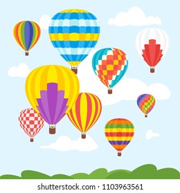 Vector cartoon style illustration of hot air balloons in the sky.
