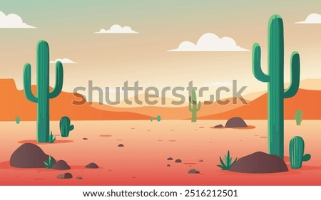Vector cartoon style illustration. Hot desert nature lanscape with dunes, cactuses, mountains and stones.
