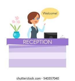 Vector cartoon style illustration of hotel receptionist. Happy woman standing at the reception counter desk with bell. 