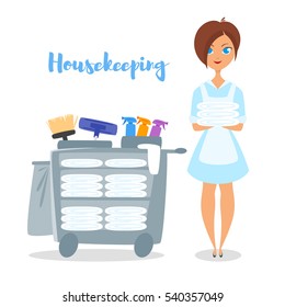 Vector cartoon style illustration of hotel housekeeper. Cute woman holding clean bed linen.