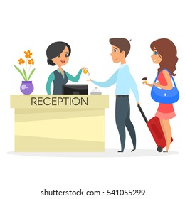Vector cartoon style illustration of hotel reception. Beautiful woman gives a key to the guest. Isolated on white background.