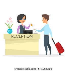 Vector cartoon style illustration of hotel reception. Beautiful woman gives a key to the guest. Isolated on white background.