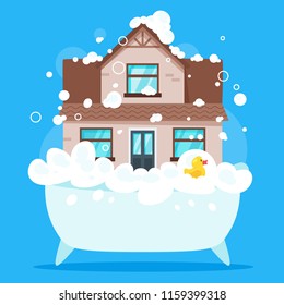 Vector cartoon style illustration of house in bath tub full of soap foam. Yellow rubber duck in bathtub. Cleaning house concept.