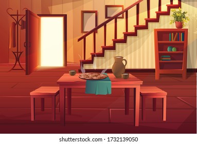 Vector cartoon style illustration of house interior. Entrance open door with stairs and rustic vintage furniture and wooden floor. Dining table with hot meal on it.